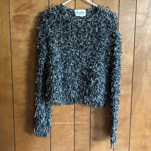 For Love and Lemons Knitz Joplin Shaggy Gray Black Fuzzy Sweater Pullover XS EUC - Picture 5 of 12
